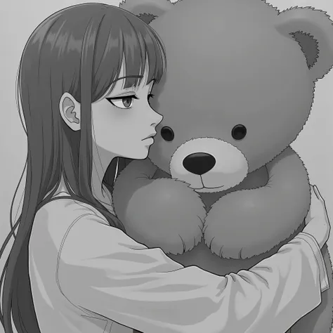  Long-haired young woman , wearing a loose-fitting t-shirt ,  finds herself hugging an oversized teddy bear,  Black and white image 