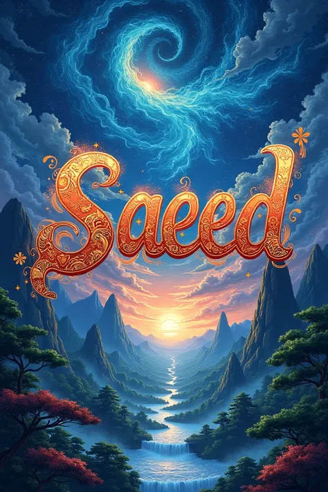 A fancy anime background for the name Saeed on a shirt