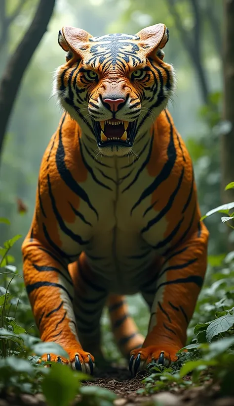 A mythical hybrid creature with the head of a king cobra and the full body of a Bengal tiger. The cobra head features a fully spread hood, intricate scale patterns, and sharp, menacing eyes, while the tigers muscular body is covered in vibrant orange fur w...