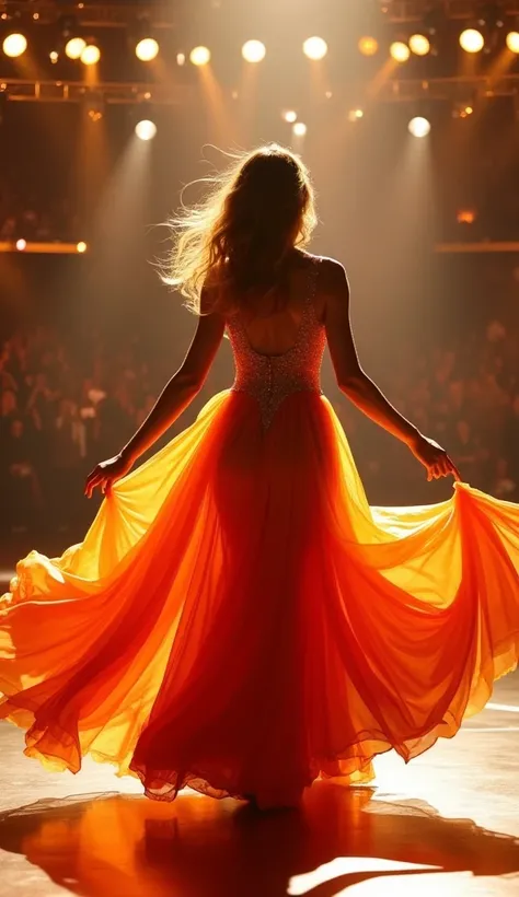 Create an image of a woman wearing a long, flowing dress that spins dynamically as she twirls on a brightly lit stage. The dress features vibrant orange and red tones, resembling a flame-like gradient, with intricate details that enhance the sense of motio...