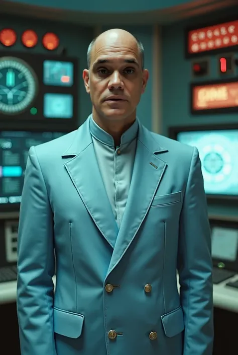 cinematic photograph of a bald man, dark eyes, wearing a futuristic buttonless suit with a high collar from the 70s sci-fi style in light blue color, standing in a control room with retro futuristic devices