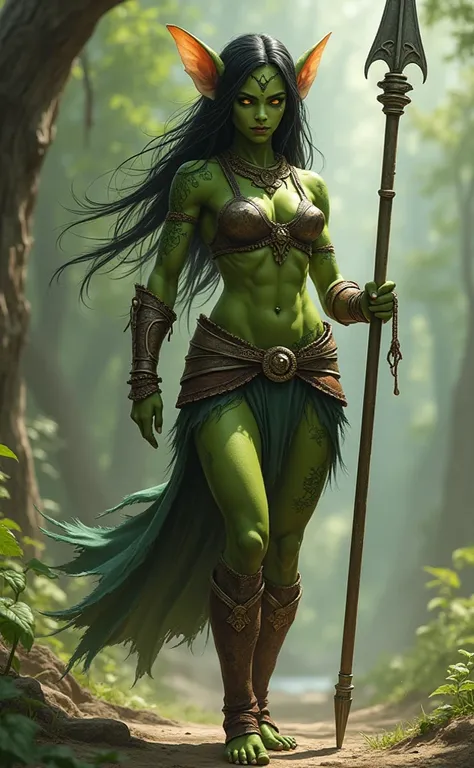  Sarynn is a goblin whose figure defies the expectations of her race , , presenting themselves as a living symbol of strength and beauty .  Her emerald green skin shines in the sun , , smooth and perfectly balanced between the exotic and the majestic . . H...