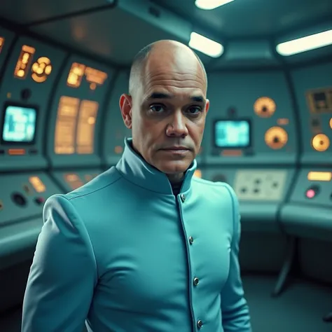 cinematic photograph of a bald man, dark eyes, wearing a futuristic buttonless suit with a turtleneck from the 70s sci-fi style in light blue color, standing in a control room with retro futuristic devices