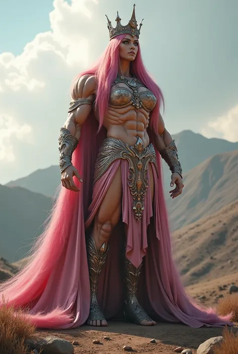 a hyperrealistic giant queen  with long  pink hair and clothes of a queen . 4k HDR with lots of detail. The queen is extremaly muscular and Strong. background hills