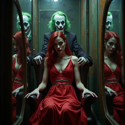 "Mary Jane, defiant, tied to a chair inside a funhouse. Mirrors reflect her bold red dress and Joker’s smirking face as he taunts her."

