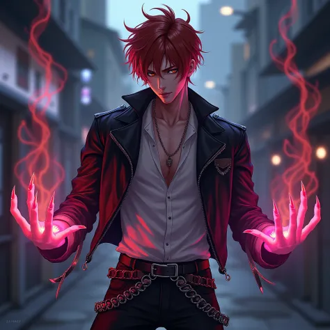  A male character with a dark and enigmatic presence , intensely red-haired , short and slightly messy,  that falls in tufts to the side , giving a rebellious air .  His face is angular ,  with sharp and expressive features ,  including intense amber eyes ...