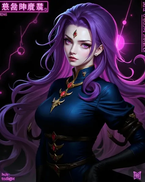 An extremely detailed digital painting of a character with purple and pink gradient hair, wearing a midnight blue outfit adorned with red jewel-like ornaments. The character has distinctive violet eyes and a small red jewel on her forehead. The color palet...