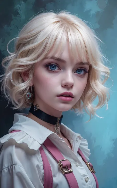 An extremely detailed digital painting of an enigmatic young woman in her late teens portrayed by a Jojo Siwa with pale skin short blonde hair and piercing blue eyes wearing whimsical pink suspenders over a white blouse with a look on her face that is some...