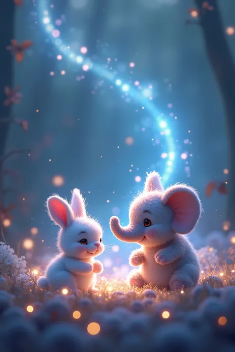 a tiny sparking  rabbit and tiny sparking elephant all around sparking light like a fairytale 