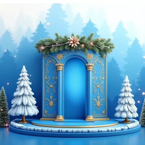 Imagine realistic high definition ,  Christmas trees on the sides in the center in speech tray with gold and sky blue patterns, atmosphère de Noël.  Imagine extremely similar to the photo with the same dominant color, i.e. the sky blue  