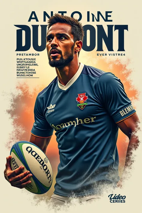  I want to create a photo that serves as a t-shirt design,  by Antoine Dupont  (aesthetic, with a picture of him in the middle playing rugby ,  and above that says Antoine Dupont with a small text next to him about who he is )