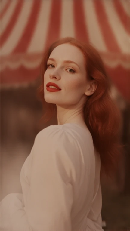 Jessica Chastain, half body, long red hair, red lips, detail expression, in love, soft lighting, brush effect, circus background,