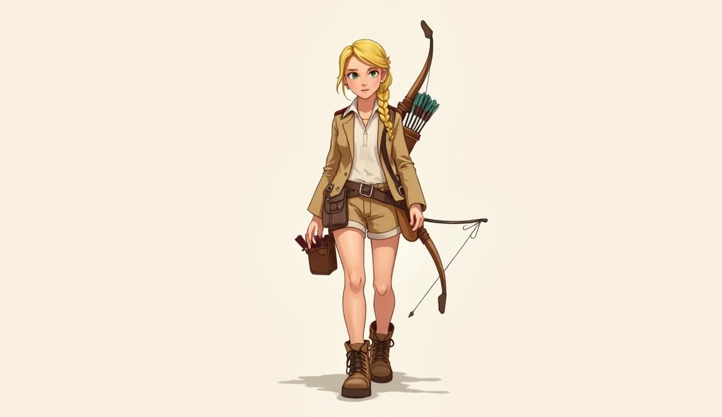 Create a horizontal sprite sheet of 8 frames simulating a walking animation for the character Eliora, a female explorer in a 2.5D game. Eliora wears a beige blazer over a white shirt, khaki shorts, and sturdy brown boots. Ensure she carries a quiver with a...