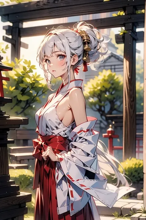 masterpiece, best quality, 1girl, white hair, medium breasts, Shrine maiden, white Shrine maiden clothing、red hakama, Separated sleeves, Exposed shoulders, have a broom, ruins, from side
