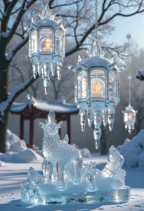 Ice lanterns, hollowed out.,fire,Hanging above the pavilion,Chinese classical pavilion,ice-scenery,ice sculpture,ice style,made of ice,transparent,creative, whimsical, textured, handmade, sunny day, outdoor scene, close-up, high-resolution, fantasy, attent...