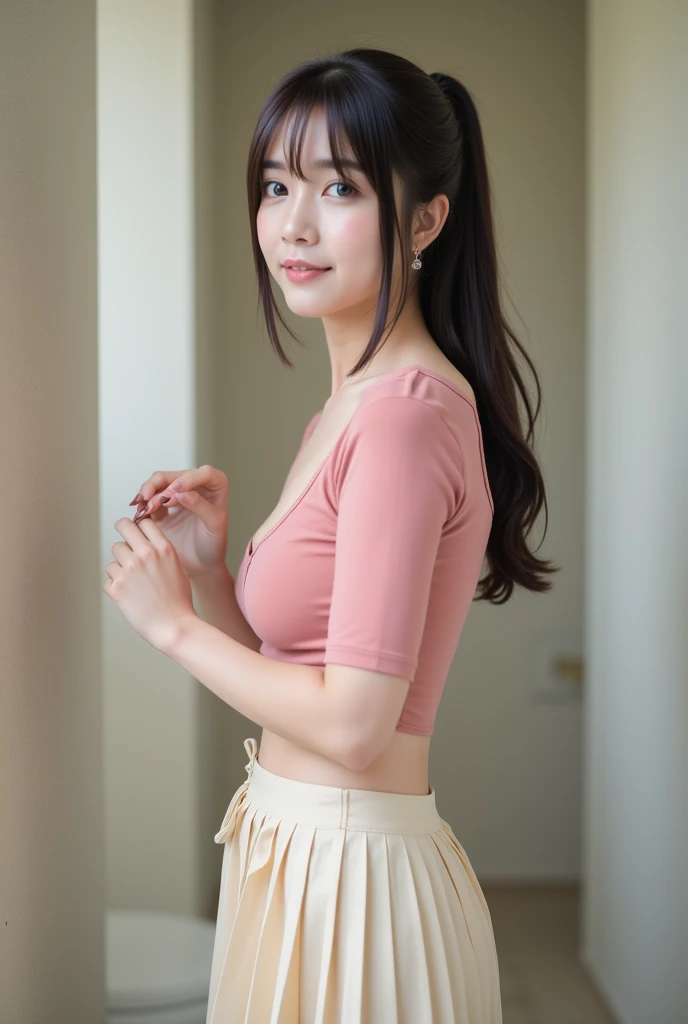 Real photo High quality Realistic Thai woman, beautiful woman (((big breasts, big breasts, nsfw))), Best Quality, 30 year old Thai woman wearing a pink top standing near the closet, She is wearing a long cream pleated skirt (( (big breasts, big breasts, ns...