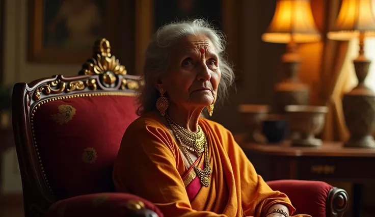 60 year old indian grandmother seating, wearing gold jewellery, luxurious interior, cinematic scene, cinematic lighting, ultra realistic, hyper realistic, highly detailed image, Full HD image, --ar 16:9