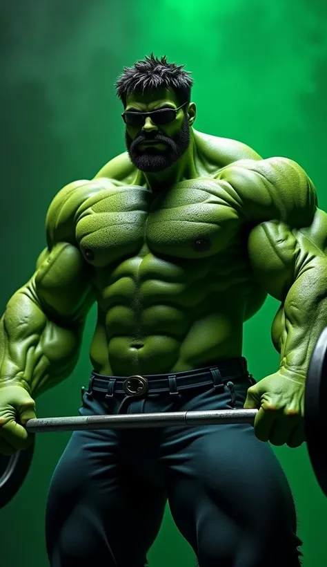 the Incredible Hulk with his iconic VERY green skin and massive physique. He has a beard. He has very short very curly black hair short, evenly trimmed sides and back with slightly longer hair on top, often styled with a bit of texture and a clean, sharp h...