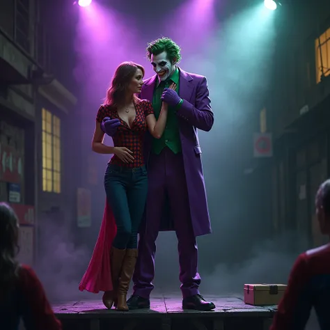 "The Joker stands on a makeshift stage, holding Mary Jane’s arm as he taunts Spider-Man. Purple and green spotlights illuminate the scene, with fog swirling around."

