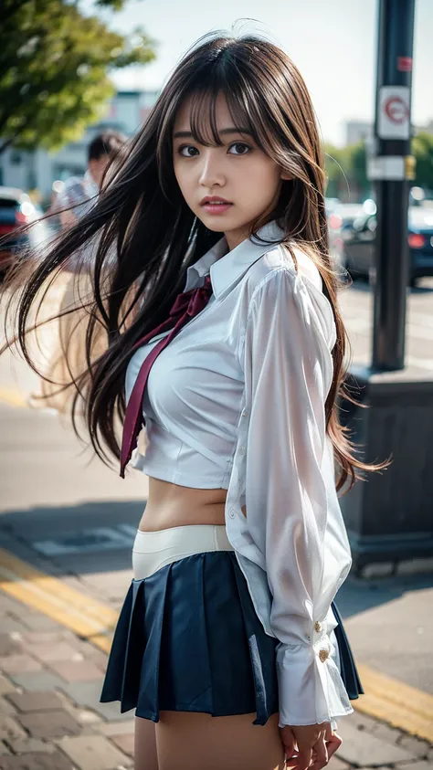 (Medium chest)、Sexy cute looks and cute  beautiful girl, Beautiful and sexy face、The strong wind blows the hair in front of my face、Beautiful blonde with cute long straight hair, Sexy eyes hidden behind long bangs,slightly dark skin, Height: 156cm,troubled...