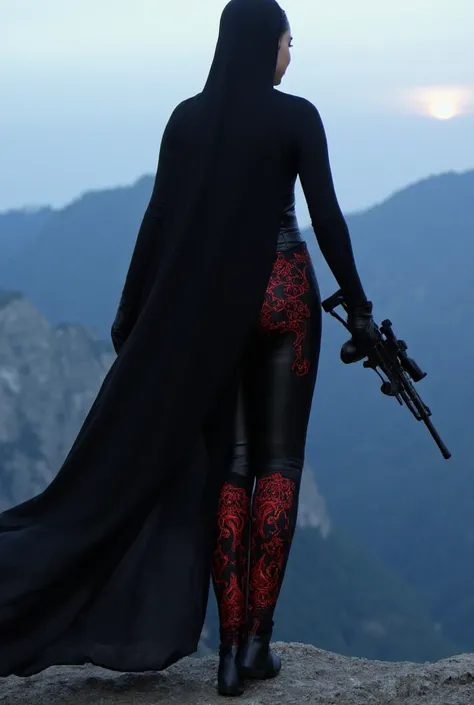 A full-body depiction of a stoic East Asian female sniper, wearing a sleek ceremonial hunter bodysuit. Her armor is matte black with intricate glowing crimson filigree, form-fitting with high-cut legs and an open-back design secured by tactical straps. She...