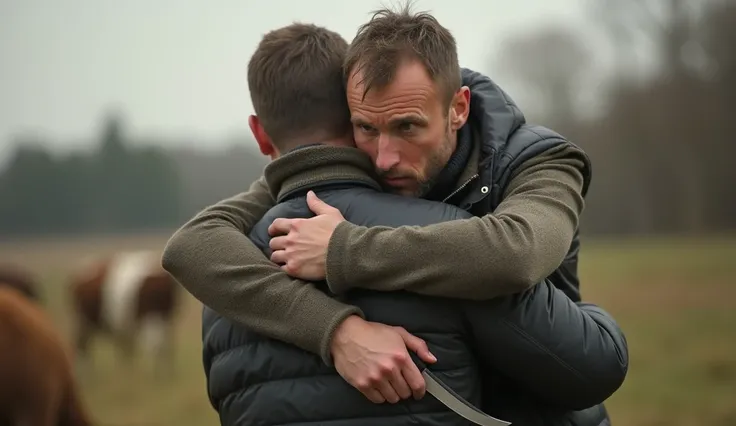 A 25-year-old man holding a knife in his hand,  expression of fear,   embraced himself with his father on a large farm with his family 