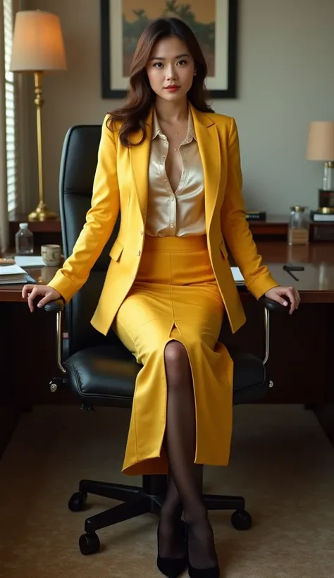 beautiful Japanese madam、(Full Body Portrait)、Yellow Blazer Jacket 、Silk blouse、 Yellow Midi Skirt、(black silk pantyhose、 high heels)、Brown Hair、 in the office、 Big Breasts 、 sitting、Flashy accessories