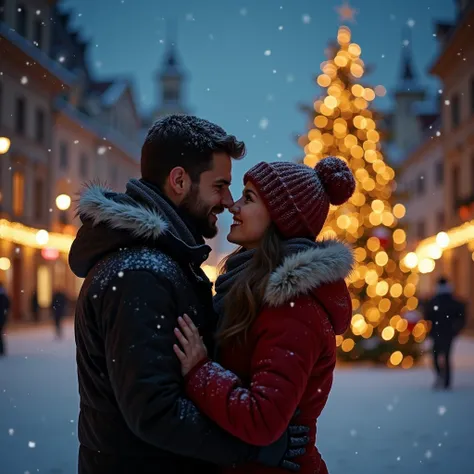  nice couple on a Christmas night . They are in love, they look into each other&#39;s eyes, Snow falls , They are in a beautiful town ,  in the background you can see a huge Christmas tree. The scene is very romantic .  They give each other a sweet kiss fu...