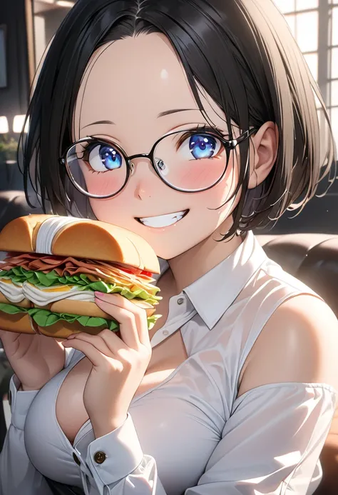 RAWphoto,photorealistic,8k,16k,best quality,perfect anatomy,perfect detailed,ultra highres,
extremely detailed eyes and face,gleaming skin,shiny skin,1girl,Japanese,black short hair,pixie cut,
(wearing glasses:1.3),(parted bangs,forehead:1.2),round face,me...