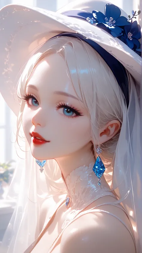  wearing white hat 、 Alafidel woman wearing red lip dress, pale Porcelain white skin , Guvez, Guvez masterpiece, artwork in the style of Guvez,   Soft portrait shooting 8k ,  Young ghost girl , Porcelain white skin , by Russell Dongjun Lu,  pale milky whit...