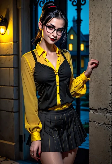 in the style of Charlie Bowater , vampire, young woman, black ponytail, glasses, cheeky smile, fangs, small glasses, casual unbuttoned blouse (yellow/black, ) wears only a bra under the blouse, pleated mini skirt (yellow with black hem), book about poetry ...