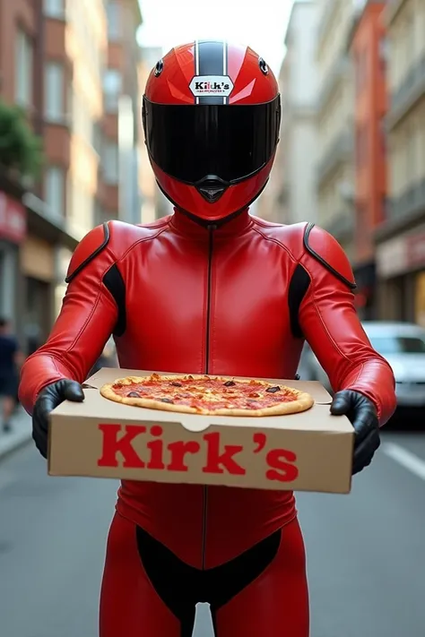 Young pizza delivery man in a red full body motorcycling outfit holding a pizza box. The pizza box has thé following inscription KIRKS on it. The pizza mans visor is brought up