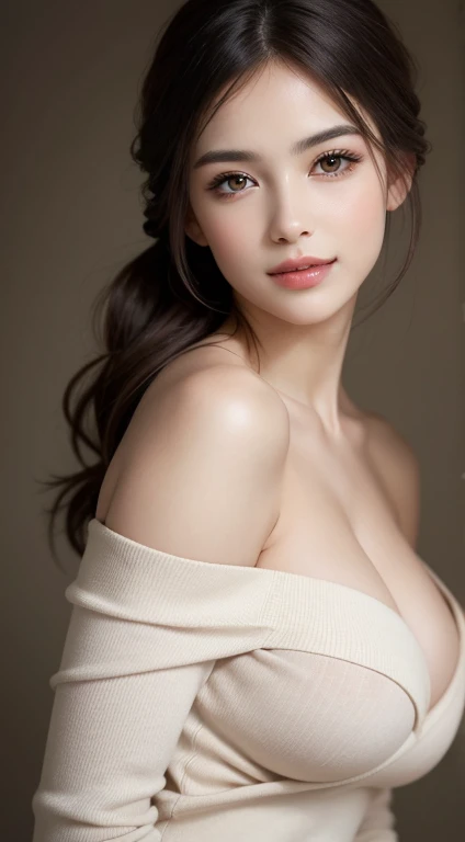 NSFW, Completely naked、1 Female,  updo hairstyle , (Ultra  realistic , high res), ( very detailed eyes, High definition hair,  high-definition face , High definition plump lips ), (off shoulder with open chest), chest,  Modest Smile, ( top quality:1.4),  R...