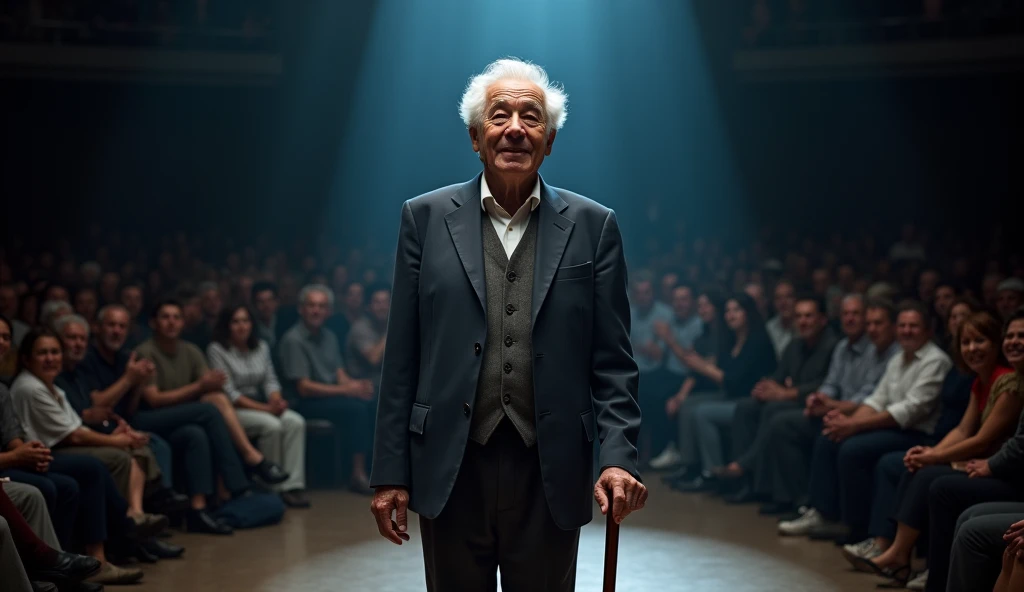 First Scene: An elderly man, approximately 80 years old, stands confidently on stage, holding a polished wooden cane. He wears a classic suit with a vest, his face lined with wrinkles and his hair silvery-white. The spotlight focuses on him as he smiles wa...