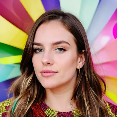 white woman, Pop artist brown hair 25 years old multicolored background