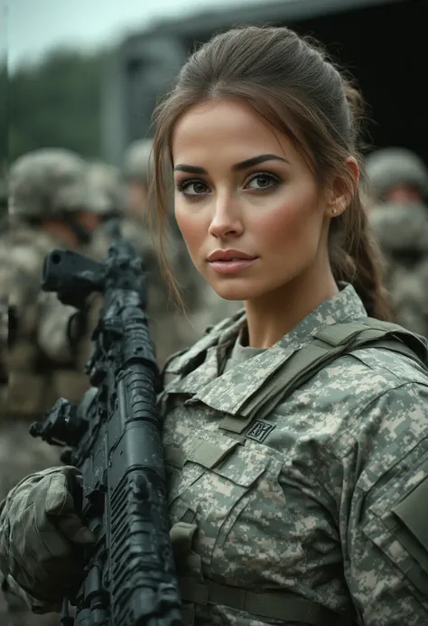 beautiful detailed young woman, 1 female soldier, detailed muscular female body, beautiful detailed face, beautiful detailed eyes, beautiful detailed lips, beautiful detailed uniform, detailed military equipment, heavy machine gun, outdoor military environ...