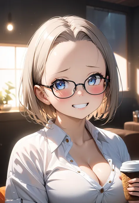 RAWphoto,photorealistic,8k,16k,best quality,perfect anatomy,perfect detailed,ultra highres,
extremely detailed eyes and face,gleaming skin,shiny skin,1girl,Japanese,black short hair,pixie cut,
(wearing glasses:1.3),(parted bangs,forehead:1.2),round face,me...