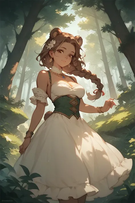 hot anime  bear girl with long  brown hair in a braid , and beautiful brown eyes and  is wearing a dress and is in a forest