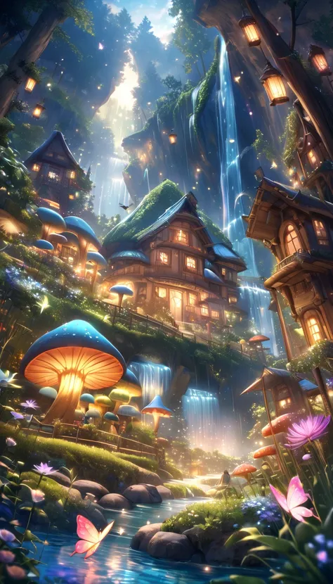 An ultra-wide-angle photo-realistic photo of a magical fairy village with colorful mushroom houses. The village is illuminated with enchanting lights. There are fluttering butterflies and fireflies. The image has vibrant and vivid colors. The atmosphere is...