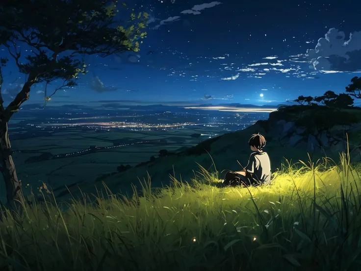 A boy sitting under a tree near a cliff in the grassland , seeing a vast night sky with fluffy clouds and brush strokes , Tall Grass Stone, , Makoto Shinkai Cyril Rolland, Anime art wallpaper 4k, Anime art wallpaper 4k, animated background, Anime art wallp...