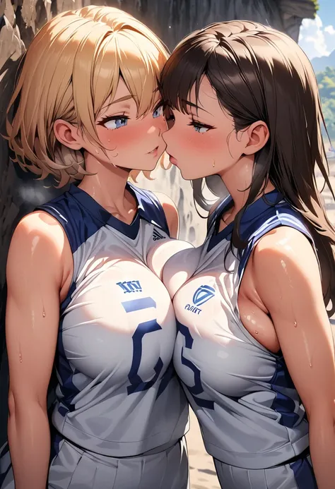 Two women kiss side by side ,  wearing a white and blue volleyball uniform,  sleeveless, At the same height, ( brunette ,  sunburned) (Blonde),  smaller, Sweaty giant breasts ,   masterpiece on penis ,  top quality,  amazing shadows ,  detailed background,...