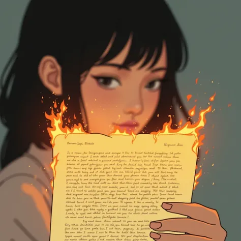 Minimalist webtoon or manga style, close-up of a letter being consumed by flames. The letters text is partially visible, burning away. In the blurred background, a single strand of black hair emerges, hinting at the presence of a woman. Clean lines, subtle...