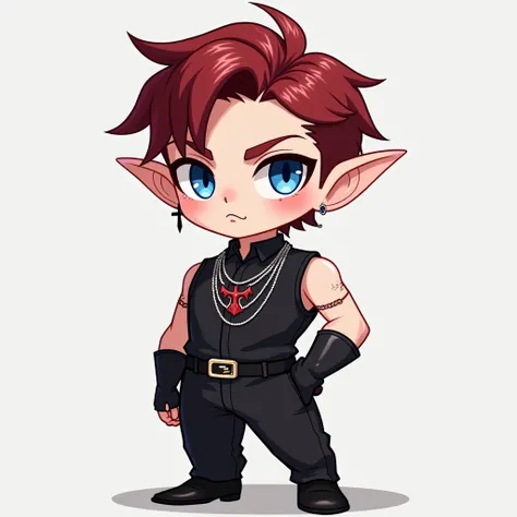 Create an icon for the ,  2d VTUBER chibi profile of a tall adult 20-year-old man  ,V-tuber, no beard,  with a height of 1 ,90, white pele,  Medium male cut with gradient and short fringe ,  dark red hair color , blue eyes , elf ears,  sleeveless black blo...