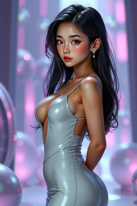 asian high school girl with big black eyes, ulzzang, portrait, (anime), manga, sexy, Latex, 8ｋ,Highest quality,masterpiece, Sharp focus, tight round ass, from behind, standing, thigh highs, slender legs, young japanese girl, cleavage, ((shiny android face)...