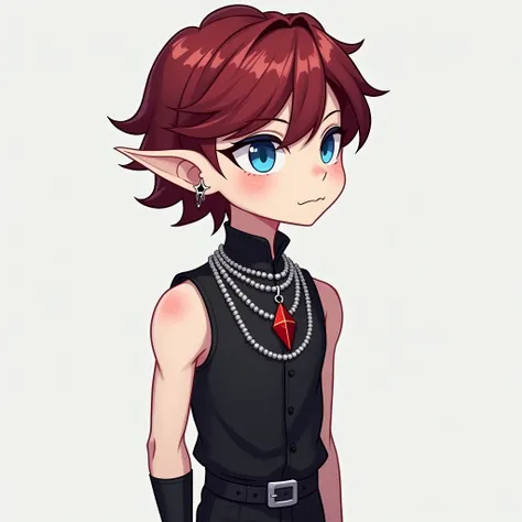 Create an icon for the ,  2d VTUBER chibi profile of a tall adult 20-year-old man  ,V-tuber, no beard,  with a height of 1 ,90, white pele, Medium mens cut with gradient and short fringe ,  dark red hair color , blue eyes , elf ears,  sleeveless black blou...