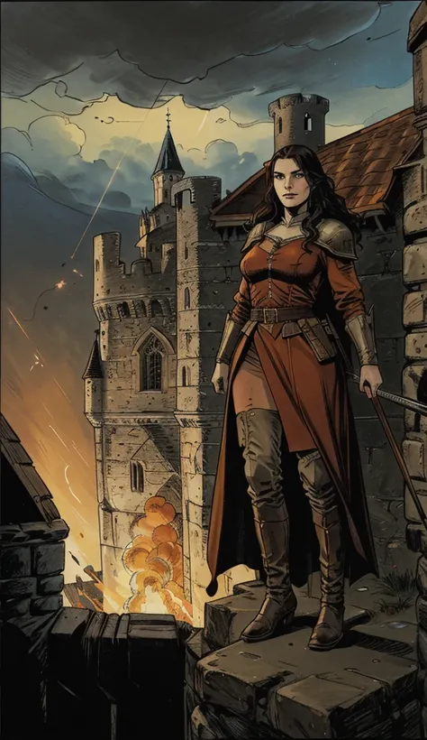  Storyboard ,  Comic Panel Design with White Border , Multi-view, immersive, Go Pro , action pose: Panel 1:  Presentation of the Wife and the Castle 
" A dramatic comic-book-style scene that shows a noble woman ,  Vlad Tepes First Wife ,  standing on a bal...