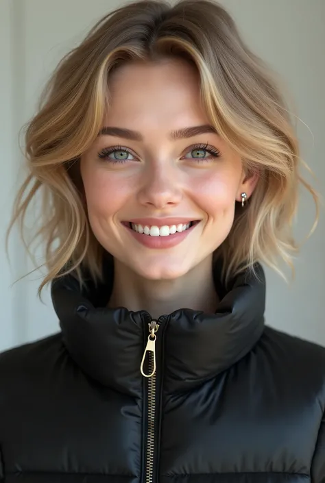  young white woman 、  blonde hair 、 Hairstyle shortcuts、 Wavy Hair 、、Ear piercing、黒い down jacket、smile、 beautiful alignment of teeth、 trainer、 upper body、 Neutral Backgrounds 、 frontal angle

