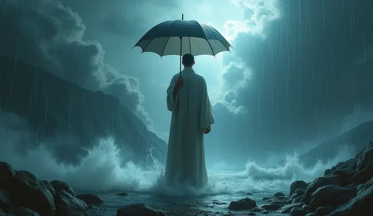 realistic image of A strong figure in the midst of a storm ,  holding an umbrella,  symbolizing trust in Gods protection and the strength found in faith during adversity.