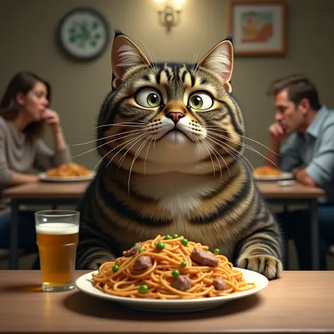  large, anthropomorphized tabby cat with oversized, expressive eyes sits at a table, looking mournfully at a plate of spaghetti, meat, and peas. The cat has tears streaming down its face, enhancing its sad expression. In the background, two people are seat...