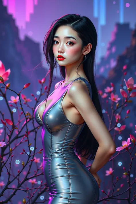 asian high school girl with big black eyes, ulzzang, portrait, (anime), manga, sexy, Latex, 8ｋ,Highest quality,masterpiece, Sharp focus, tight round ass, from behind, standing, thigh highs, slender legs, young japanese girl, cleavage, ((shiny android face)...